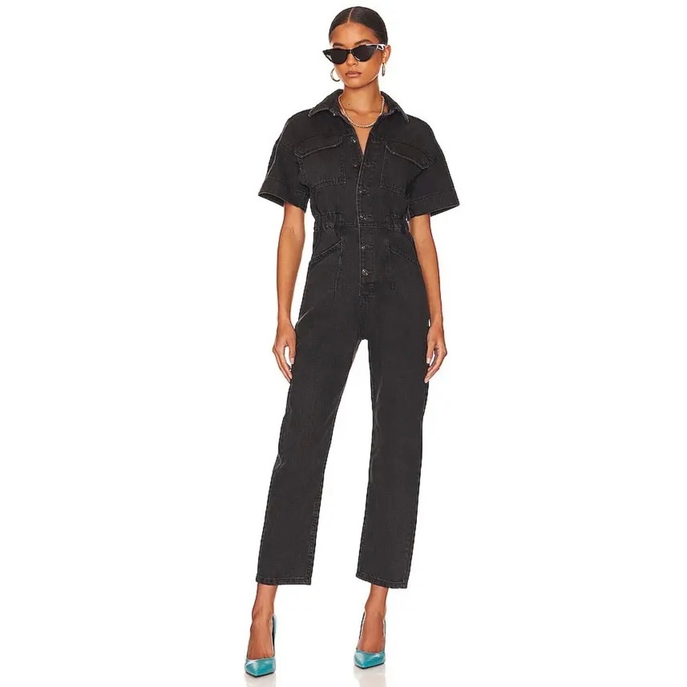 FREE‎ PEOPLE Marci denim one piece Jumpsuit overall Size L black street style